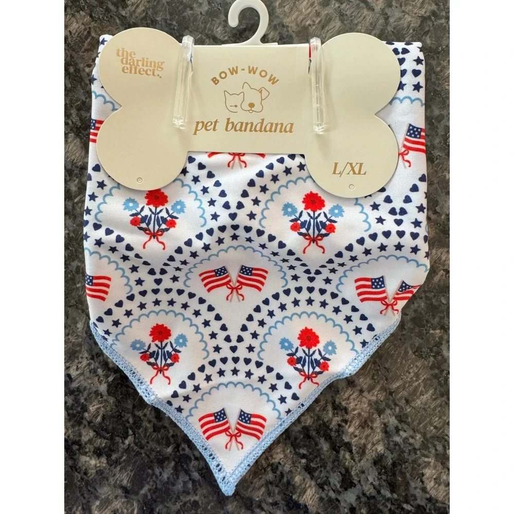 The Darling Effect 4th of July Pet Bandana Patriotic Flag White Red‎ Blue L/XL